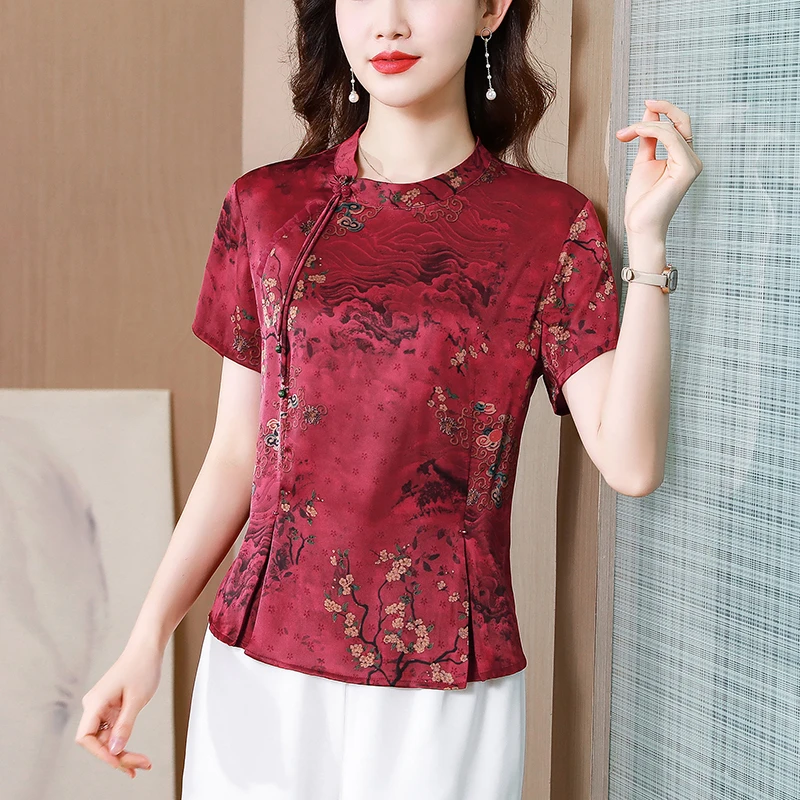 新中式旗袍唐装女士国风衬衫夏季高级感碎花洋气上衣2024新款小衫