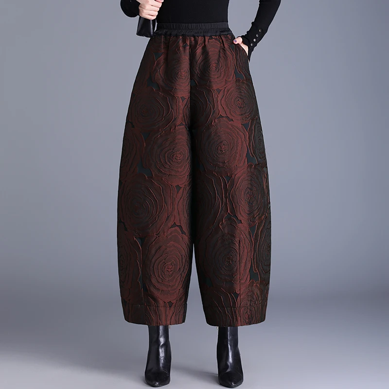 新中式浮雕提花阔腿裤女士秋冬加厚棉裤遮跨显瘦休闲九分花苞裤子