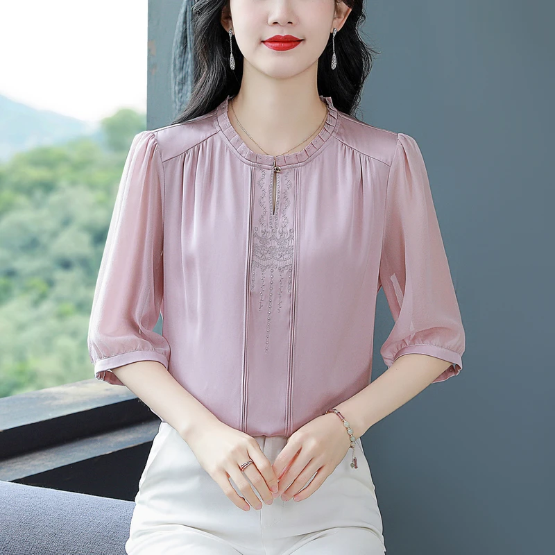 法式轻奢绣花雪纺衬衫女夏季新款妈妈夏装宽松显瘦衬衣七分袖上衣