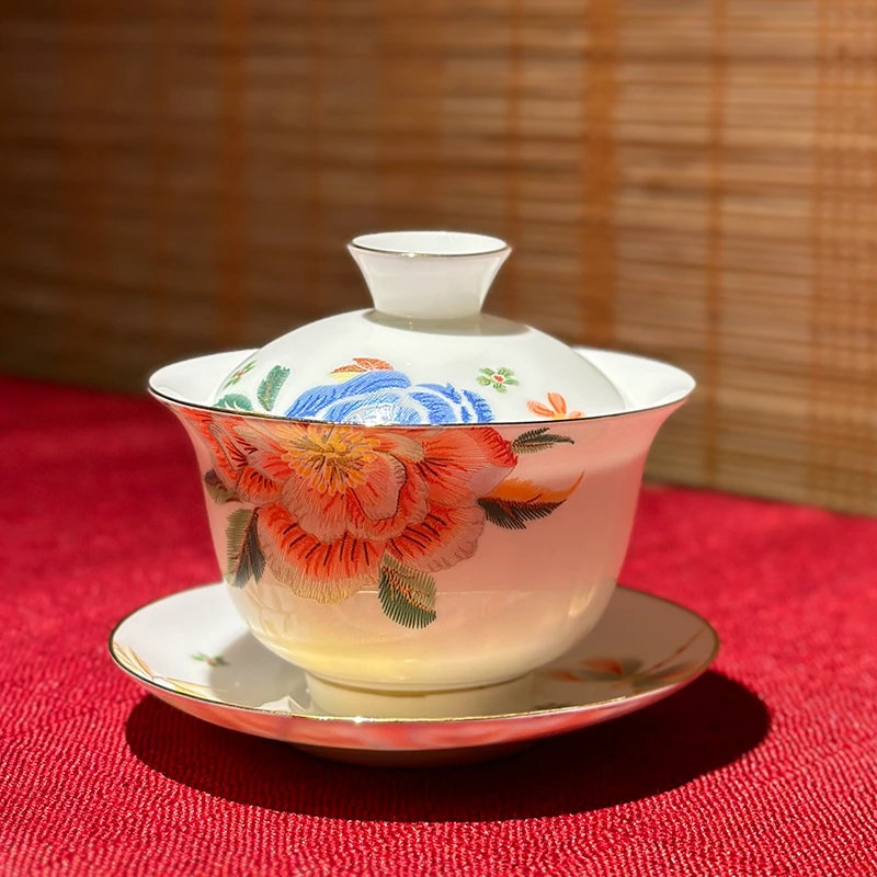 超薄胎骨瓷盖碗130毫升全满-国色天香-刺绣款高档三才元宝泡茶具