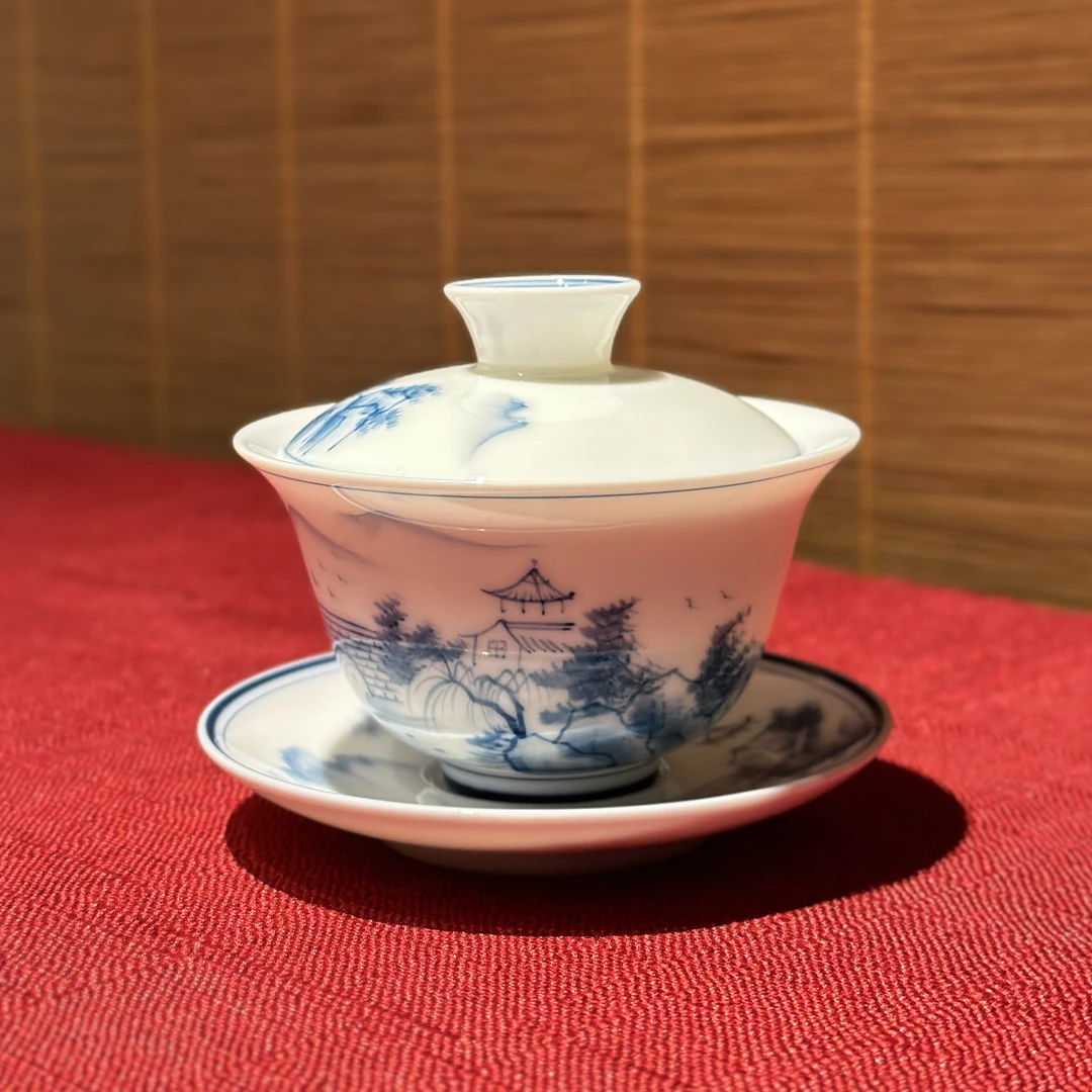 手绘山水三才盖碗/羊脂玉 130毫升盖碗