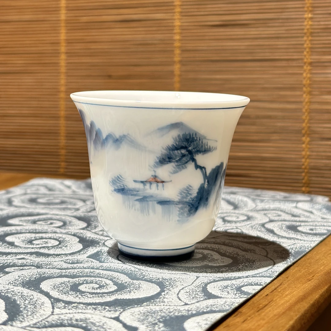手绘山水红亭主人杯/羊脂玉 70毫升茶杯