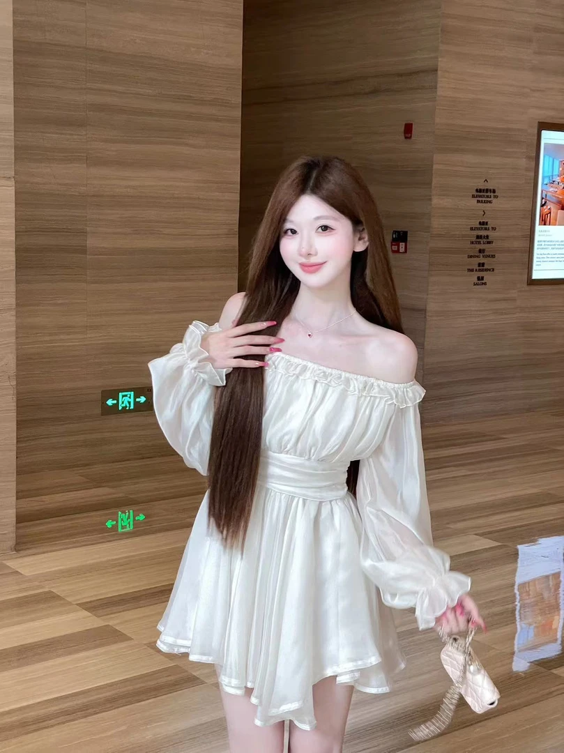Xx舟舟家【娇韵佳人】法式纯欲甜美一字肩长袖新款收腰连衣裙