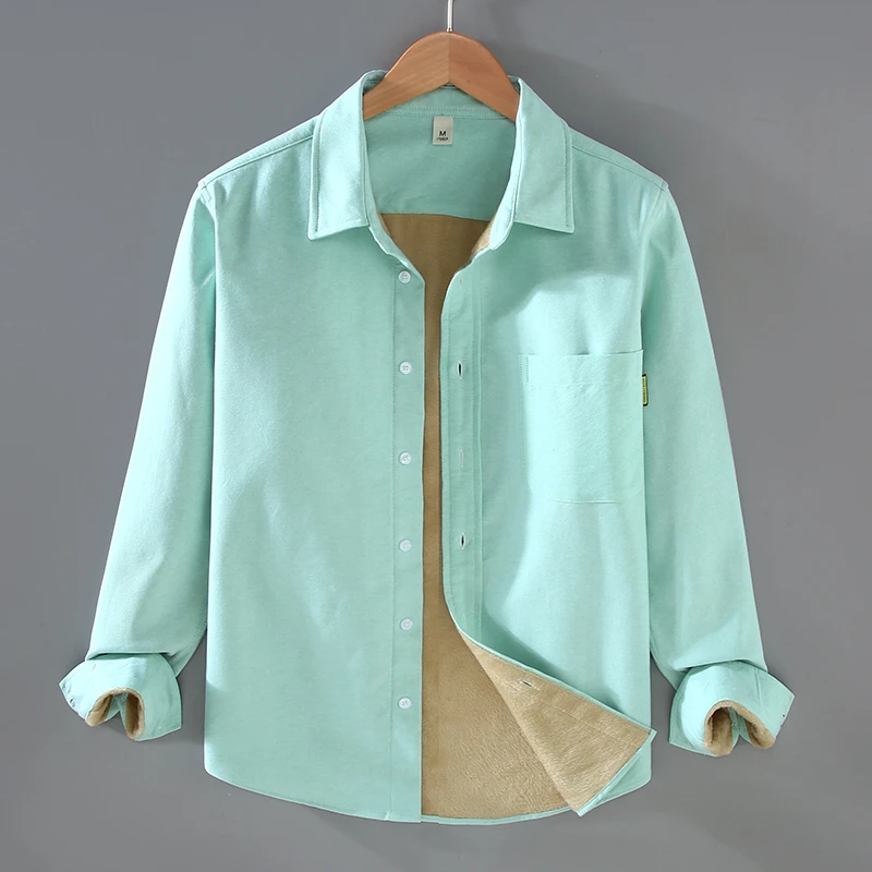 冬季加绒加厚牛津纺长袖衬衫男宽松休闲百搭简约保暖衬衣男装外套