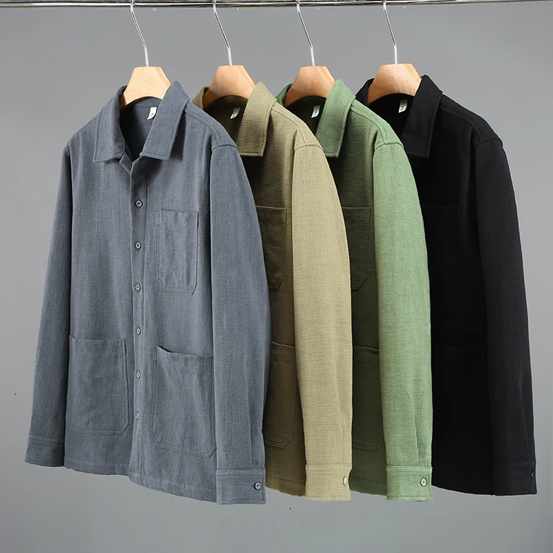 秋冬加绒加厚苎麻长袖外套多口袋工装风百搭宽松男装保暖夹克上衣