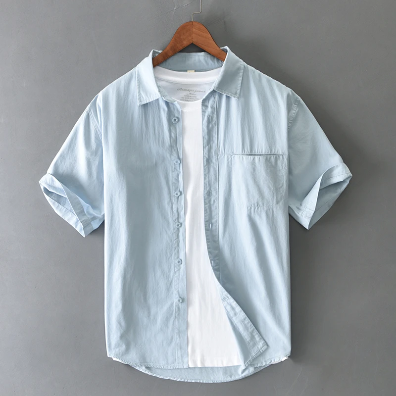 夏季纯棉短袖衬衫男士宽松休闲百搭简约纯色男装衬衣全棉寸衫上衣
