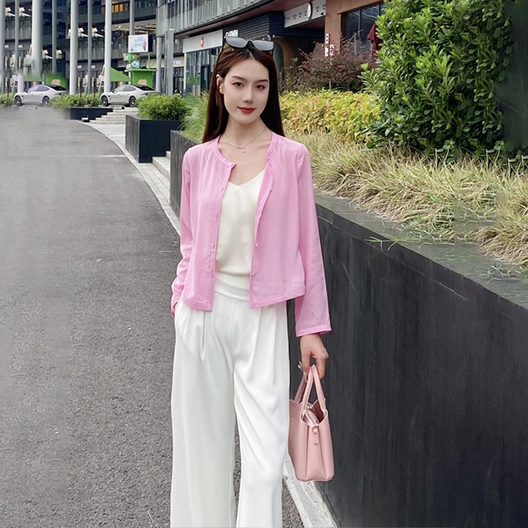 JENATU2025新款设计师原创长袖白色针织纯色桑蚕丝醋酸圆领开衫