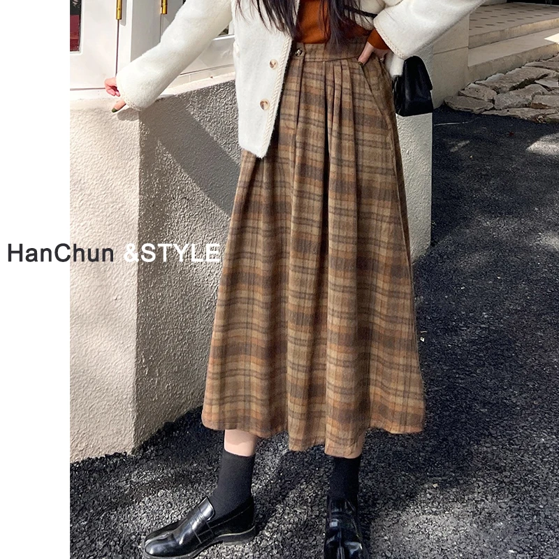 复古日系毛呢格子半身裙女秋冬中长款显瘦小个子格纹A字百褶伞裙