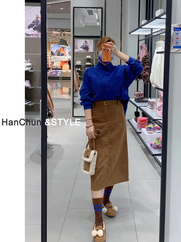 美拉德灯芯绒半身裙秋冬女中长款a字小个子直筒包臀开叉条绒长裙