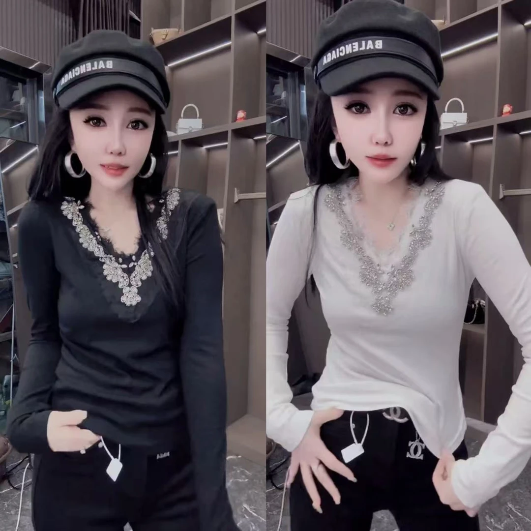 欧货高级重工烫钻睫毛蕾丝V领长袖t恤女2024冬季新款洋气修身上衣