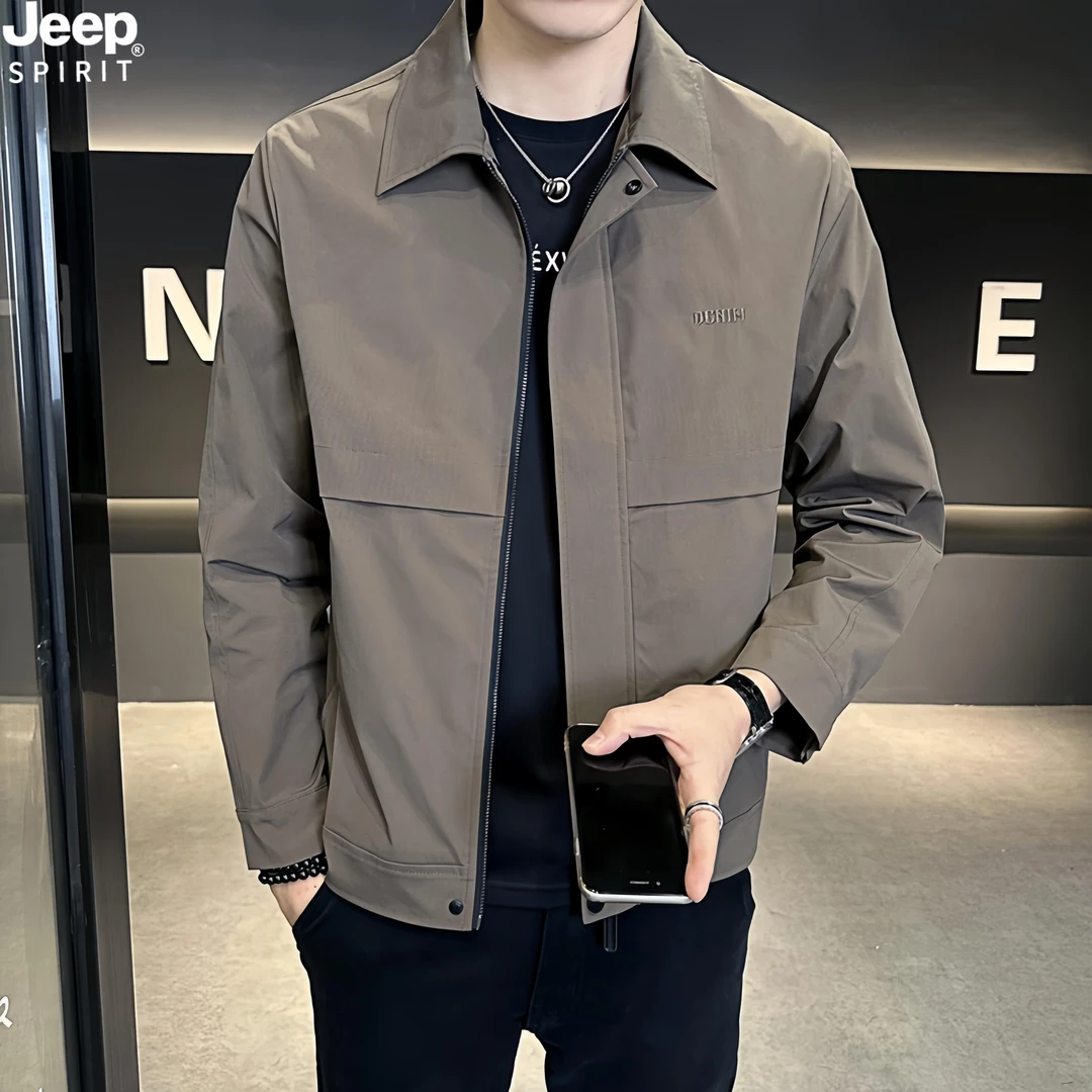 Jeep吉普翻领外套男士轻熟风秋装高档刺绣潮流时尚商务夹克潮牌男