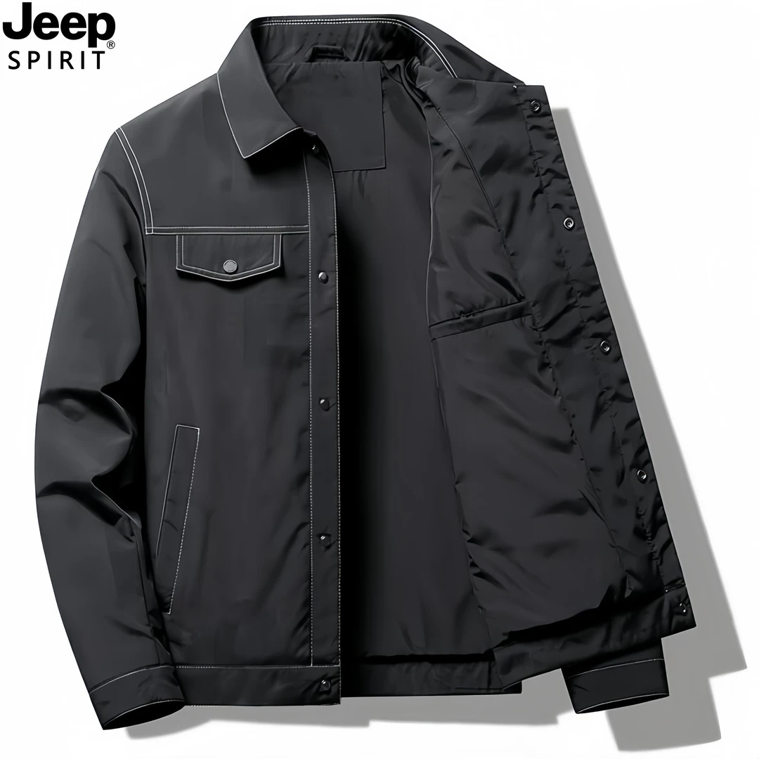 Jeep吉普新款翻领夹克春秋季高端商务外套男士暗纹百搭工装上衣服