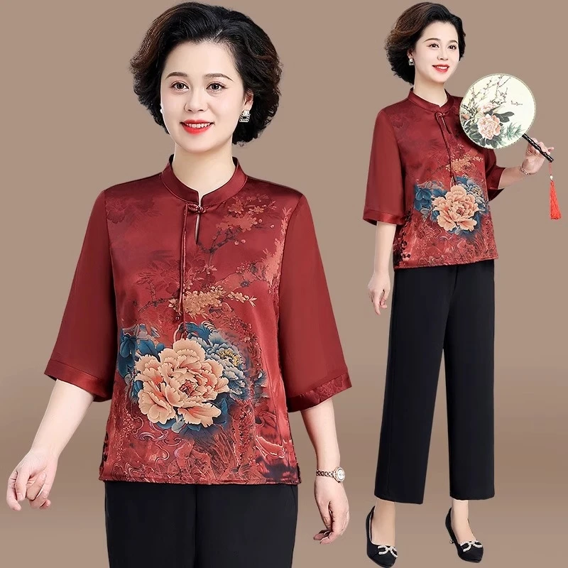 洋气中国风妈妈夏季缎面套装60岁老年人衣服复古中袖中年妈妈装