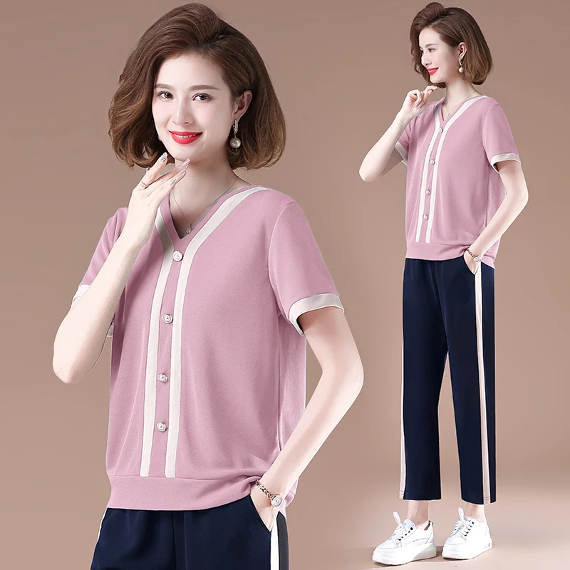 2024新款妈妈夏装时尚两件套短袖上衣中老年休闲运动套装