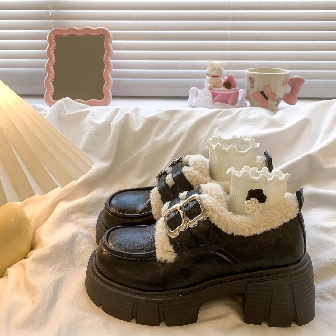 英伦风加绒乐福棉鞋女2024秋冬新款厚底粗跟复古毛毛玛丽珍小皮鞋