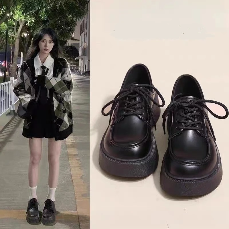 小皮鞋女2026春季新款英伦风复古黑色百搭松糕系带薄款厚底乐福鞋