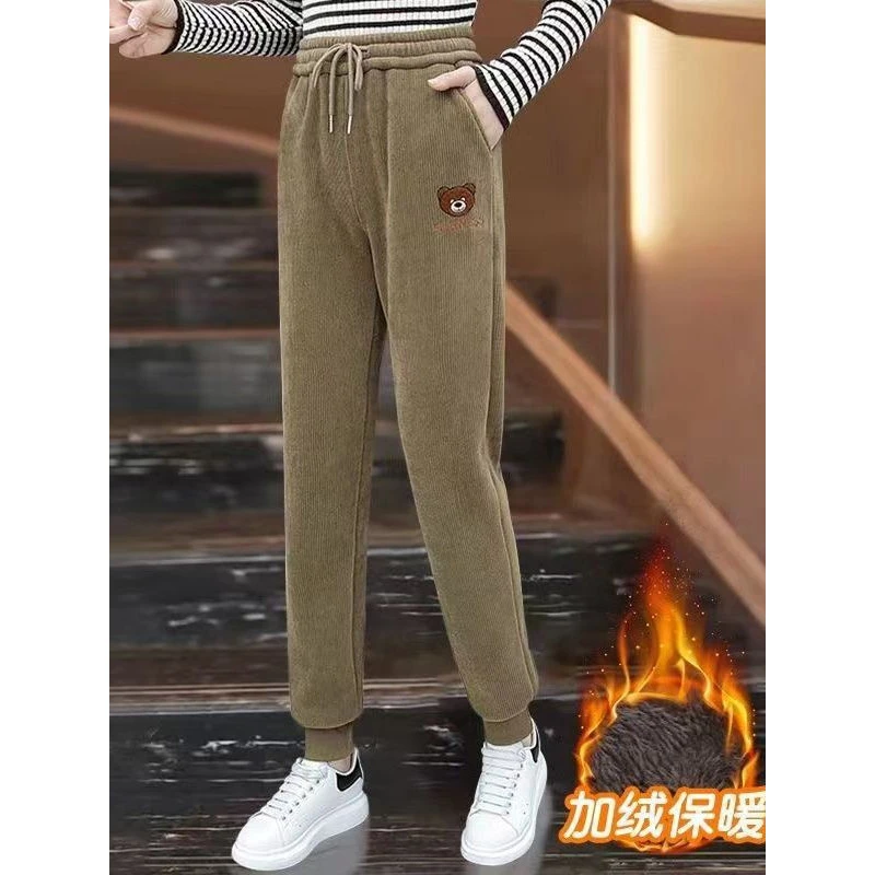 加绒加厚卫裤女2024秋冬高腰束脚裤显瘦小熊刺绣灯芯绒休闲运动裤