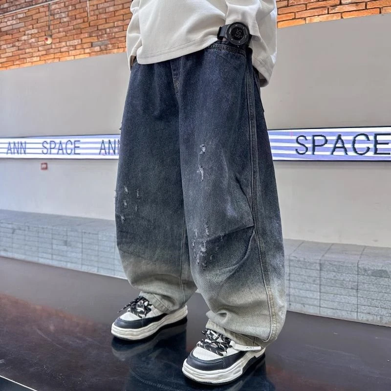 男牛仔裤韩版春秋季破洞扎染宽松复古休闲破洞渐变男孩百搭牛仔裤