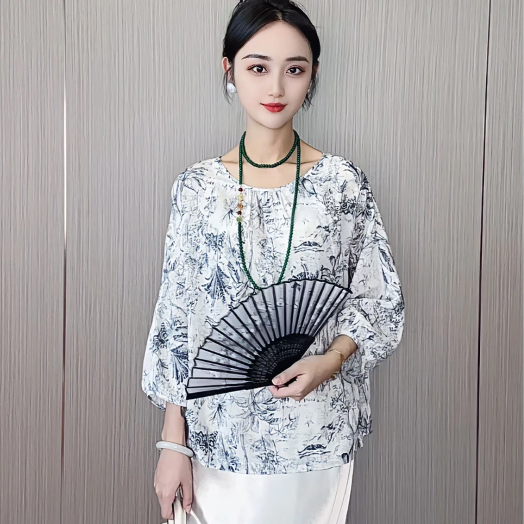 100桑蚕丝丹青水墨画碎花圆领宽松灯笼袖小衫真丝上衣DLX158