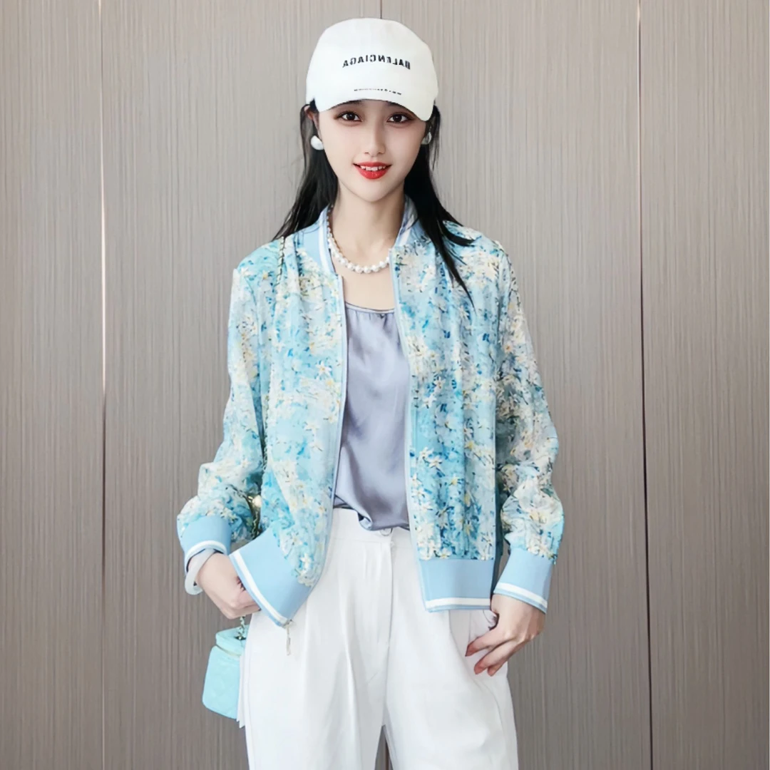 16mm100桑蚕丝气质时尚清新碎花真丝防晒外套百搭长袖女上衣WT022