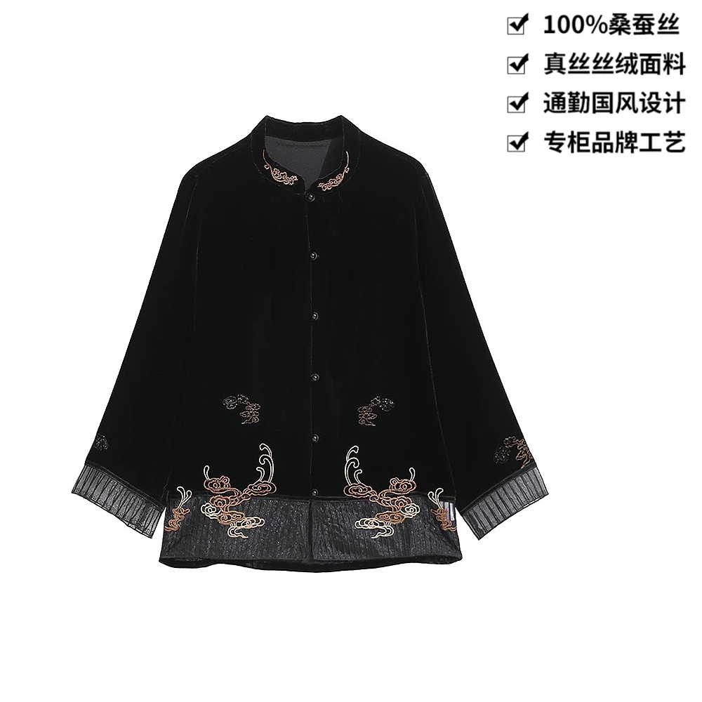 100桑蚕丝丝绒轻纱祥云刺绣新中式真丝中国风丝绒衬衫上衣CY027