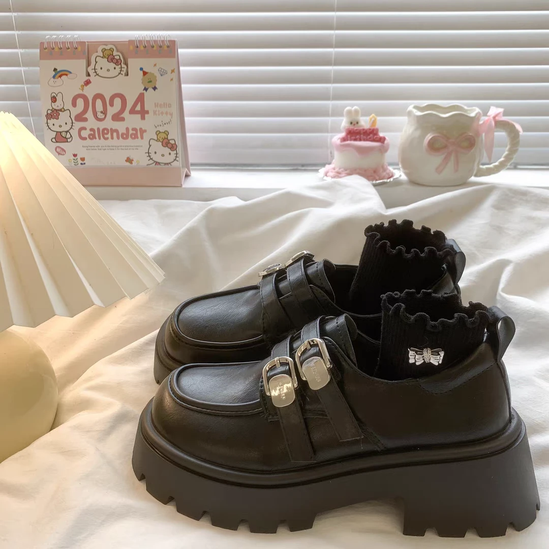 黑色英伦风粗跟厚底小皮鞋女2024新款秋季复古法式一脚蹬乐福单鞋