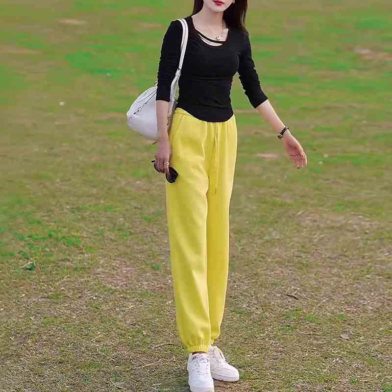 柠檬黄色哈伦运动裤女春秋2024新款冬季加绒卫裤松紧腰休闲束脚裤