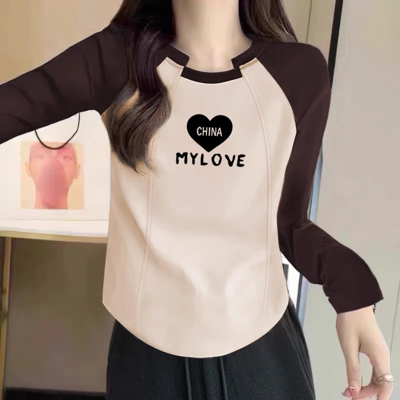 2024新款设计感插肩袖圆领修身打底衫女秋冬百搭减龄长袖t恤上衣