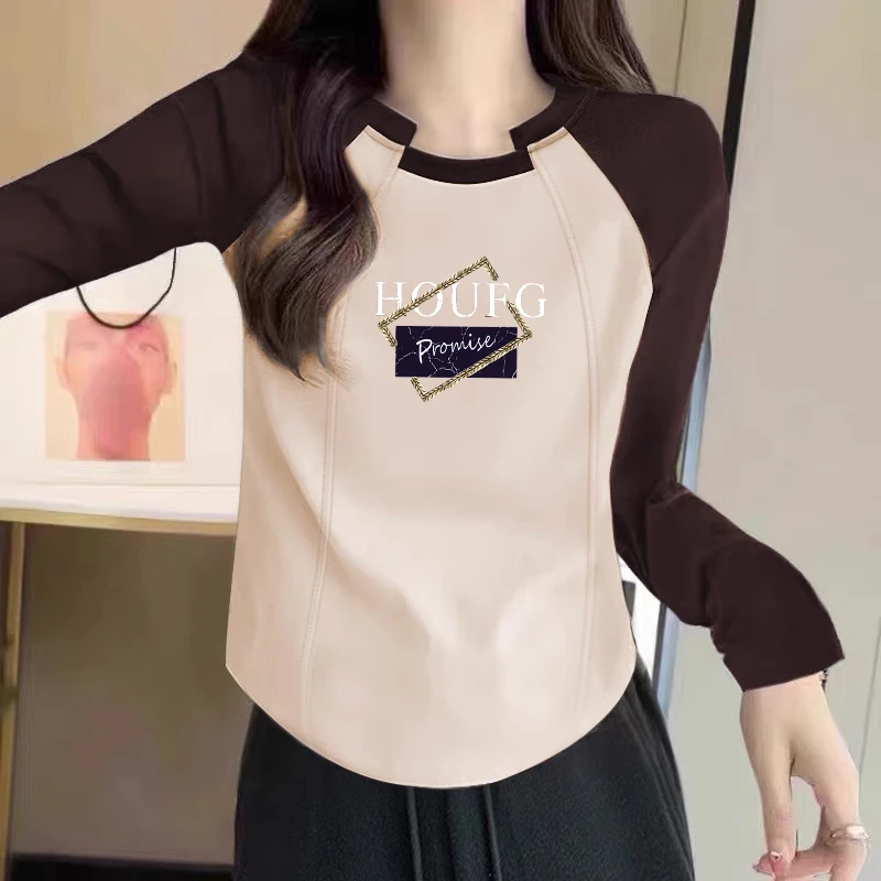 2024早秋女新款T恤设计感长袖插肩撞色印花修身圆领百搭打底衫潮