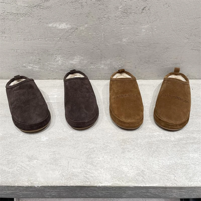 欧洲站2024冬款真皮女鞋百搭时尚休闲磨砂牛皮加厚绒包头平底拖鞋