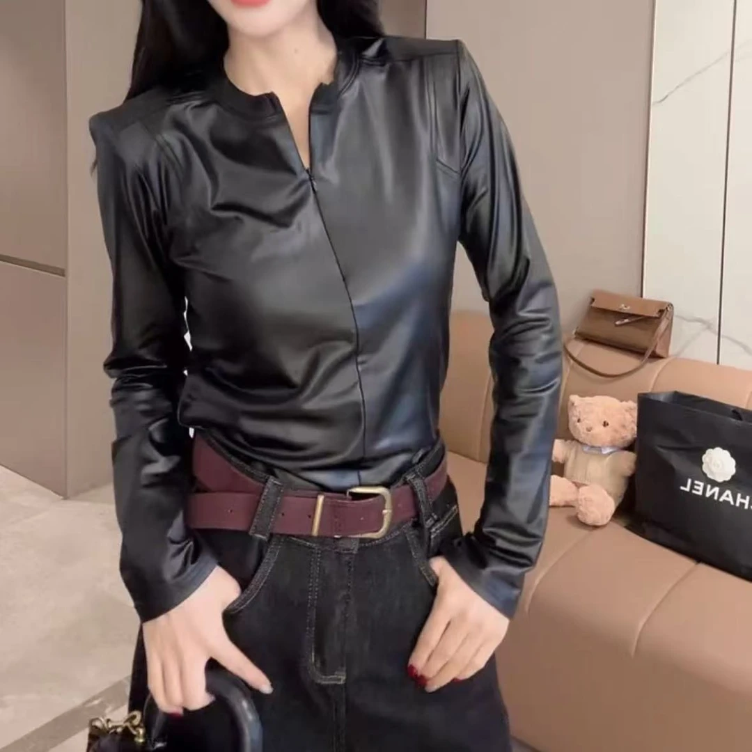 秋冬装新款时尚皮衣打底衫女士韩版长袖百搭修身气质洋气显瘦小衫