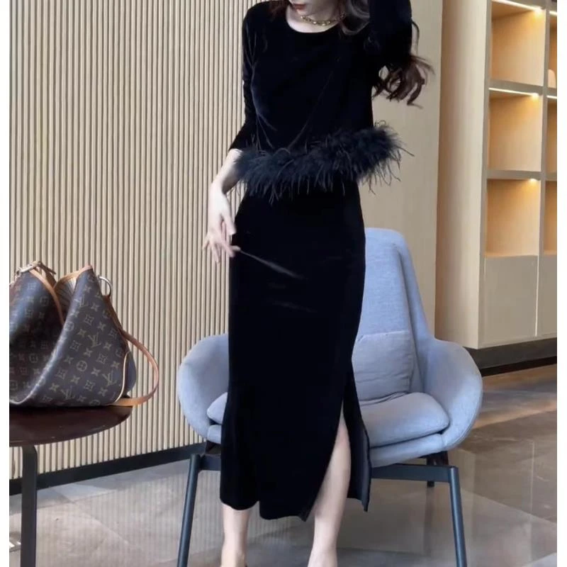 连衣裙套装显瘦气质时尚开叉修身包臀裙长袖网红洋气百搭秋两件套