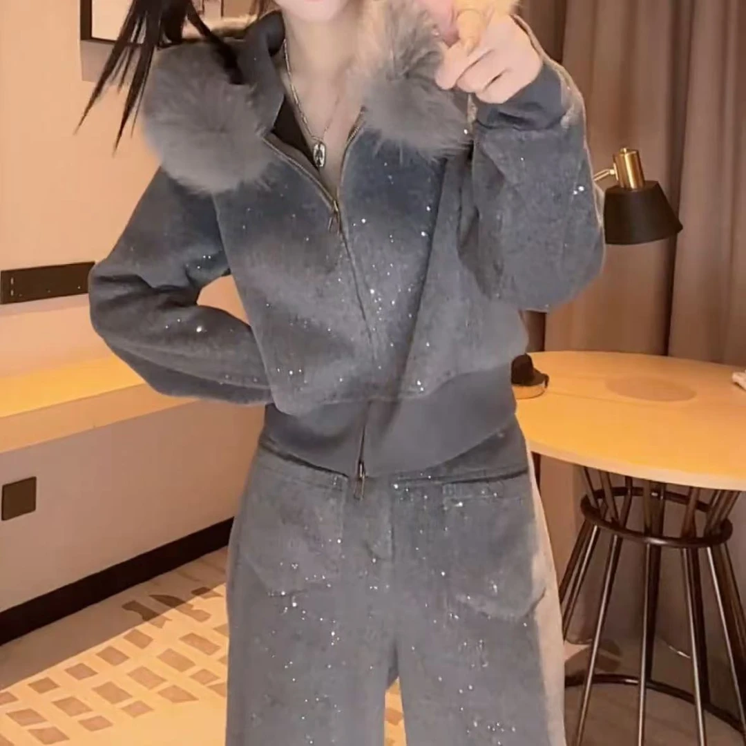 女装套装加绒卫衣气质网红时尚休闲百搭小香风大毛领长袖两件套潮