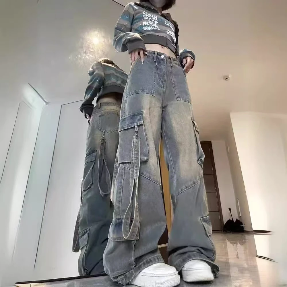 秋季工装牛仔裤男女同款加厚修身潮流直筒水洗美式休闲百搭高街