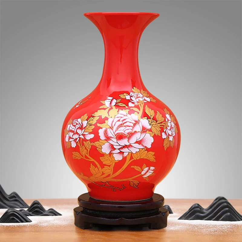 景德镇器红色小花瓶摆件客厅插花器小瓷瓶结婚装饰品家居摆设null