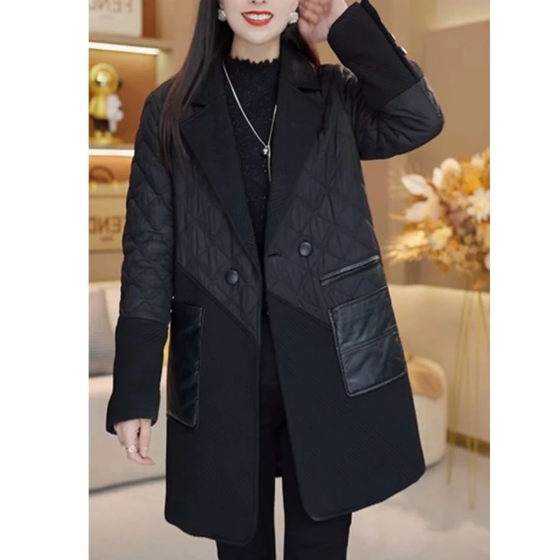 罗蒙妈妈薄款棉服新款秋冬季韩版通勤中长款西装领大口袋外套女