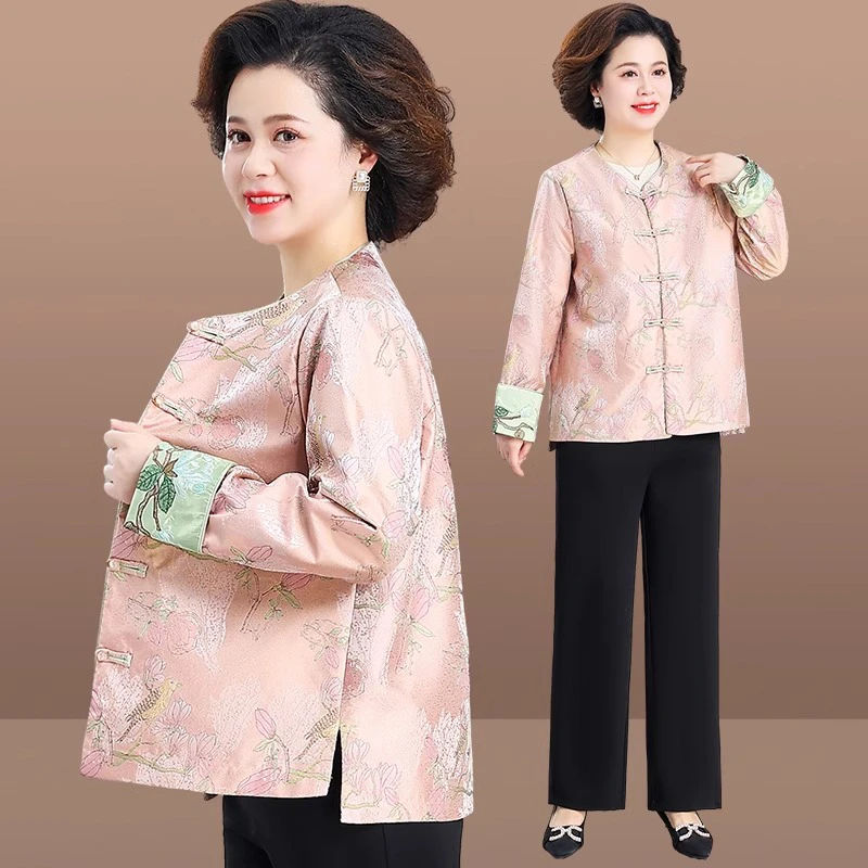 罗蒙妈妈春夏装国风唐装外套洋气2025新款中老年女装春秋盘扣新中