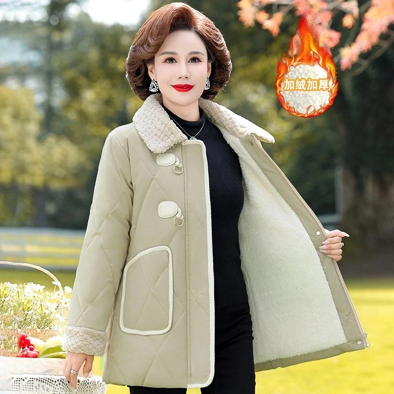 罗蒙中年妈妈冬装洋气加绒棉衣中老年新款羊羔绒加厚保暖棉袄外套