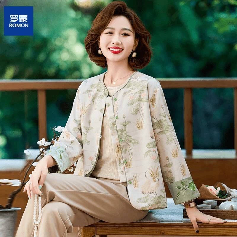罗蒙妈妈春秋洋气新国风上衣服中年女装新款中老年秋装薄中式外套