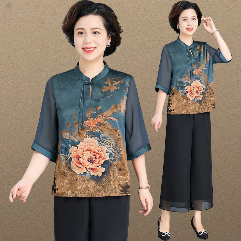 罗蒙新中式国风妈妈夏季雪纺衫套装60岁老年人衣服复古中袖奶奶装
