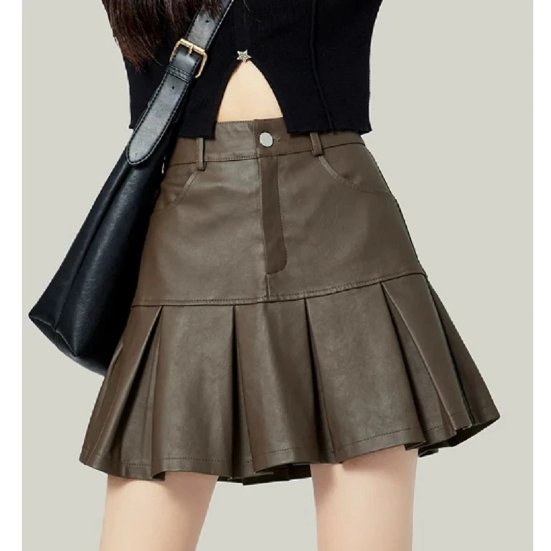 时尚pu皮百褶短裙女2024秋冬季新款高腰显瘦设计感小个子短款裙子
