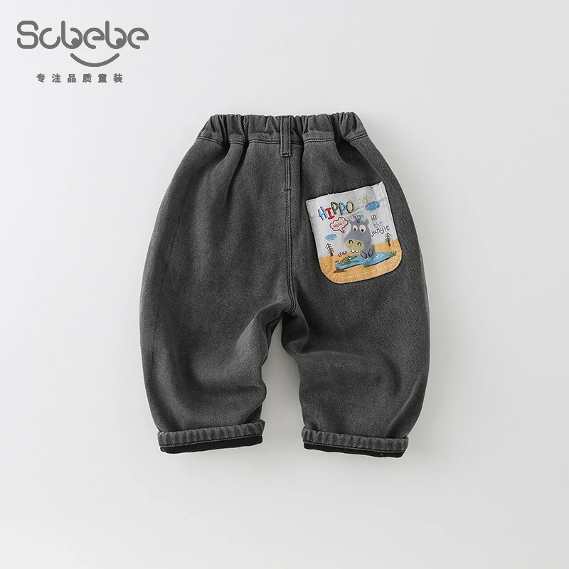SCBEBE儿童时尚洋气2024新款秋冬韩版加绒彩印后兜牛仔裤AK970