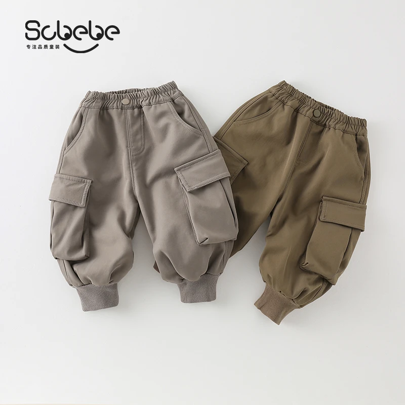 SCBEBE儿童时尚洋气2024新款秋冬韩版加绒双侧大兜工装裤AK999