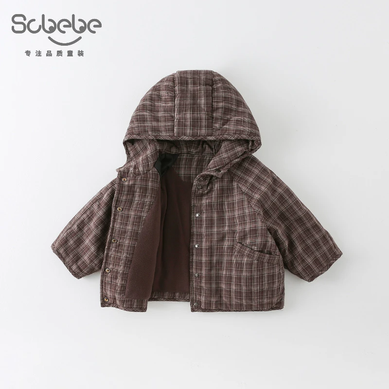 SCBEBE儿童时尚洋气2024新款韩版秋冬加绒咖色格子外套AW660