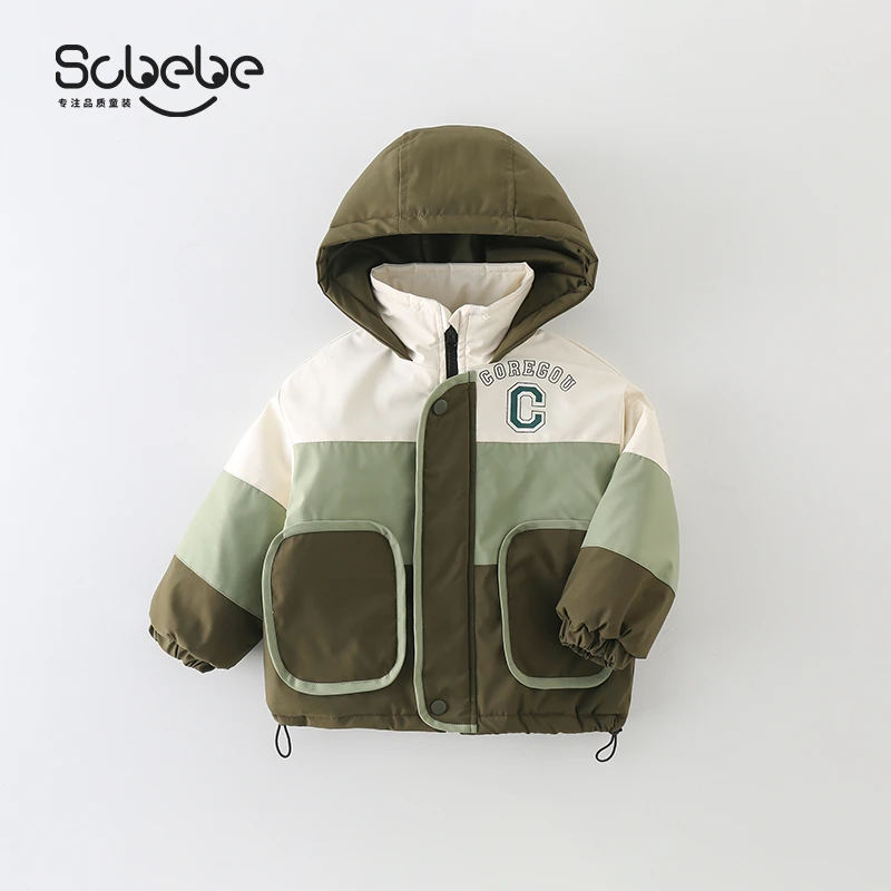 SCBEBE儿童2024秋冬新款夹棉加厚连帽拼色洋气棉服外套AW227