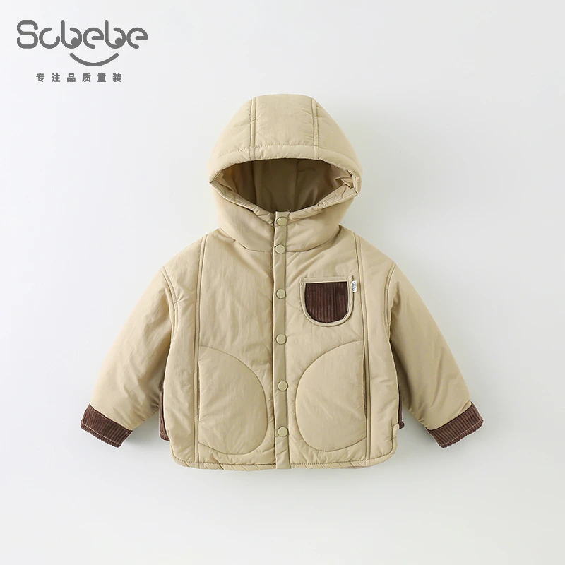 SCBEBE儿童冬季2024新款男童纯色保暖连帽拼接外套AW801
