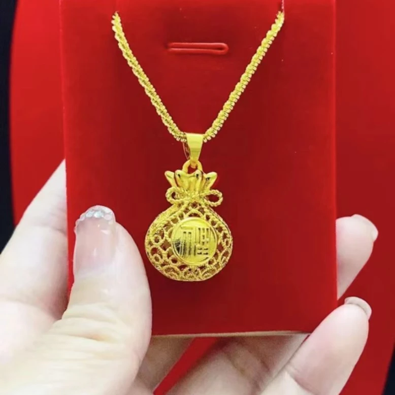 铜合金项链 花丝镂空福袋项链轻奢气质时尚百搭古法双面女士金色