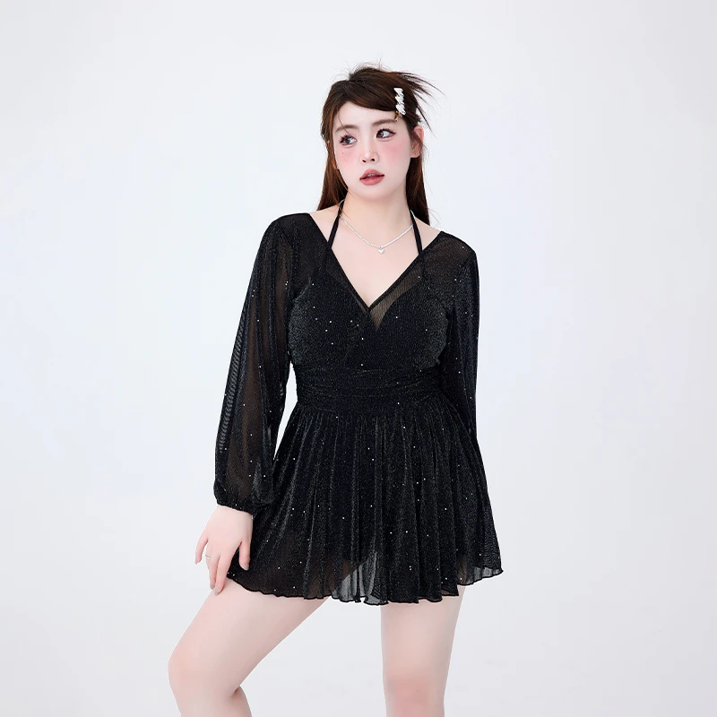 Agliondy【月落星沉】长袖性感黑色连体遮肚保守大码修身度假泳衣