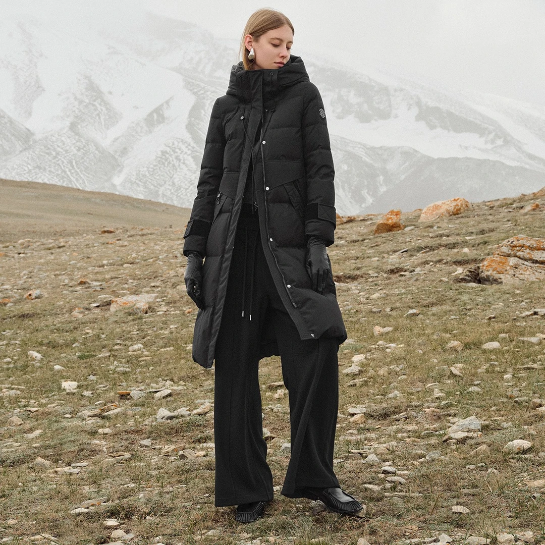 HR赫莲娜2024年冬季长款连帽白鸭绒保暖羽绒服外套