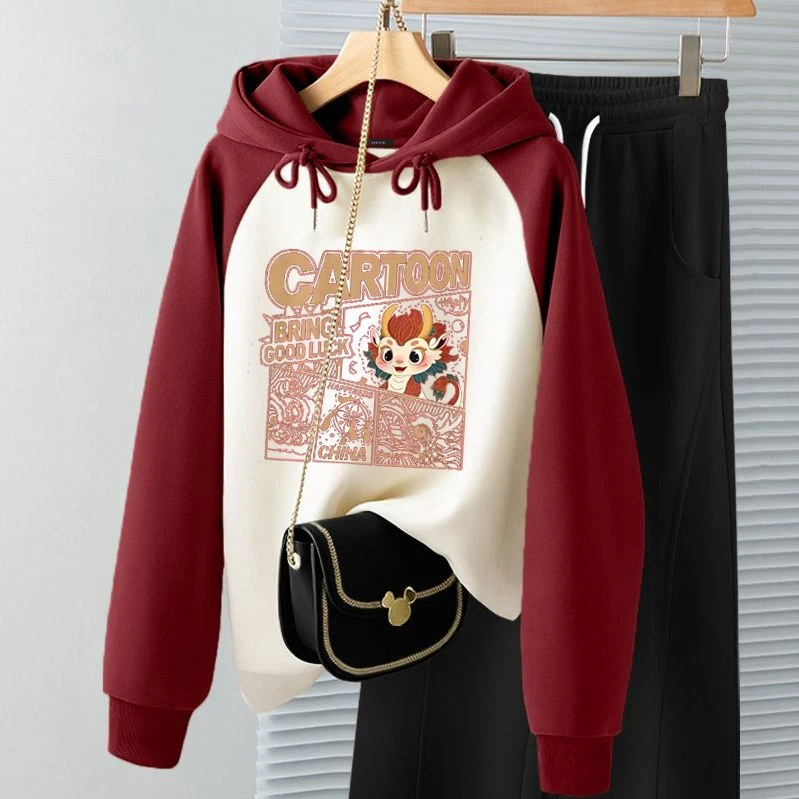 新年喜庆红色插肩袖卫衣女秋冬新款龙年本命年加绒连帽上衣ins潮